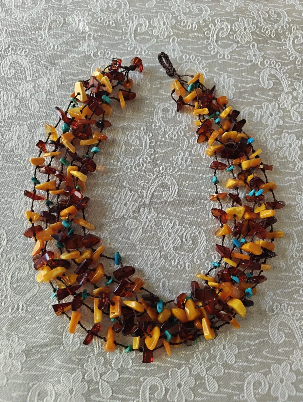 Genuine Amber & Turquoise Six Strand Necklace - Picture 12 of 16